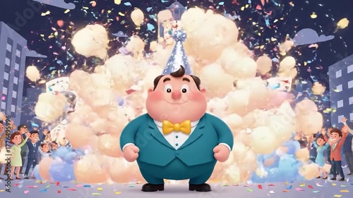 Animated New Year Celebration with Fireworks, Confetti, and Cheering Crowd