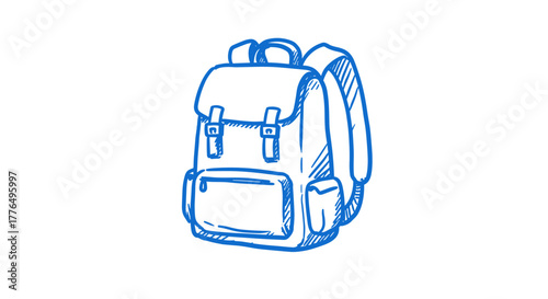 Sketch style blue backpack outline with buckles and pockets