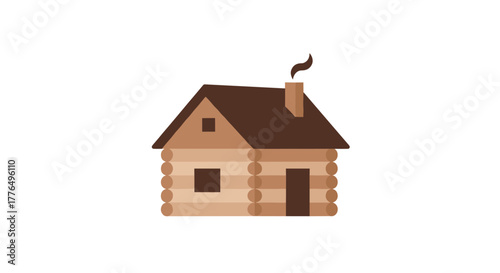 Rustic log cabin icon with smoke on white background