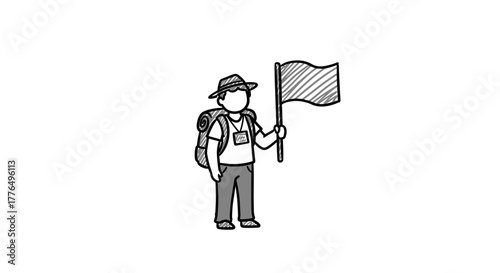 Minimalist sketch of a tourist with backpack holding flag