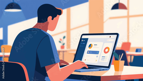 Illustration Vector Person Focused On A Laptop Screen In A Brightly Lit Co-Working Space, Showing Their Use Of Productivity Software On The Screen Vector Design Template