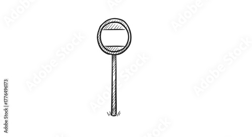 Hand drawn sketch of round road sign on pole isolated on white