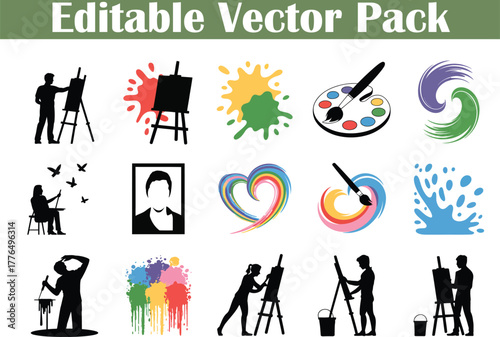 Artist Tools and Silhouettes Vector Pack Keywords: art, artist, painting, easel, brush, palette
