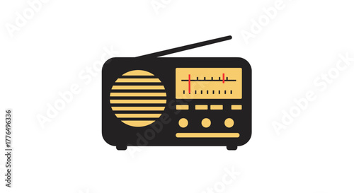 Retro radio with antenna and buttons in flat design on white background