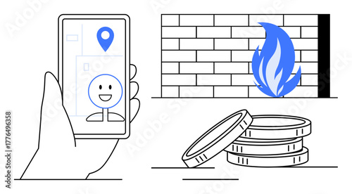 Hand holding smartphone with location marker, brick wall with flame, and stacked coins. Ideal for security, technology, money, identity, navigation firewall energy concepts. Simple flat metaphor