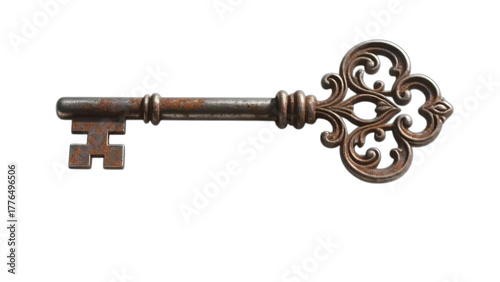 Old rusty antique metal key isolated on a white background