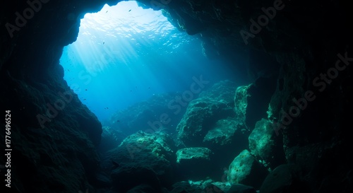 Underwater cave with sunlight beams