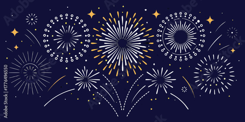 Festive display of white and gold fireworks and stars against a dark blue night sky background