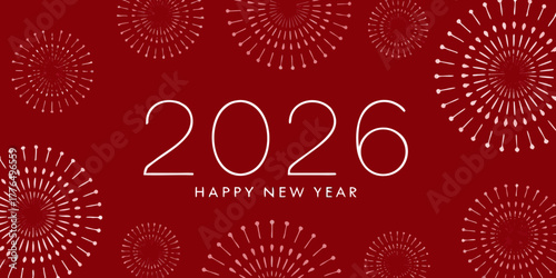 Happy new year 2026 with festive fireworks on a deep red background