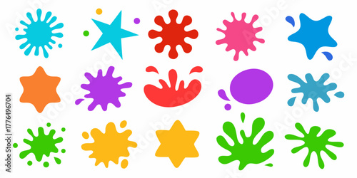 Collection of colorful abstract paint splashes and star shapes on a white background