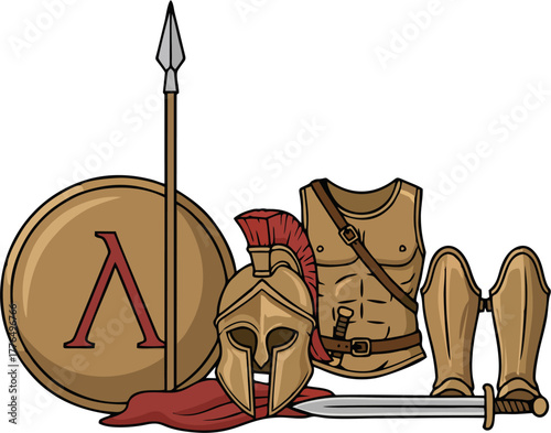 Spartan Warrior Armor and Weapons Set Vector Illustration – Greek Helmet, Shield, Spear, Cuirass, Greaves, Sword, and Red Cloak