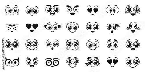 Collection of diverse black and white cartoon eyes and mouths expressing various emotions and feelings