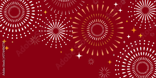 Festive red background with white and gold abstract fireworks and starbursts for celebrations
