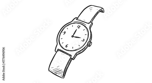 Hand drawn classic wristwatch sketch with strap detail