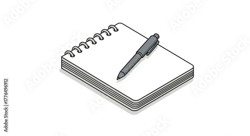 Spiral notebook with pen on white background in isometric style