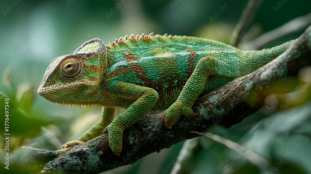 Fototapeta premium A green chameleon rests on a branch surrounded by leaves in a natural outdoor environment view