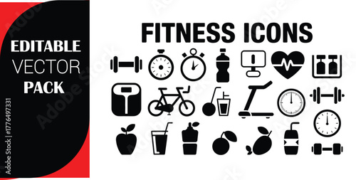 Collection of black fitness icons on a white background