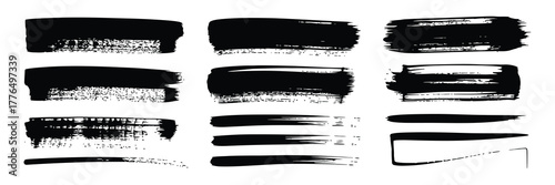 Collection of nine black brush stroke textures and lines isolated on white background