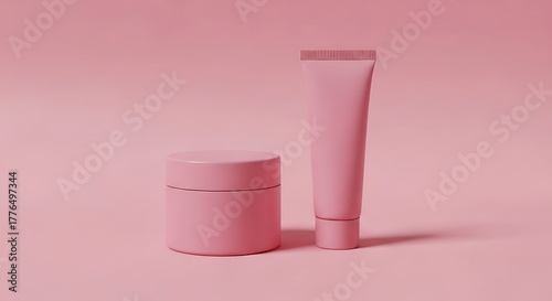 Wallpaper Mural Minimalist pink beauty products display: showcasing cream jar and tube for skincare routine and cosmetic presentation on solid backdrop. Torontodigital.ca