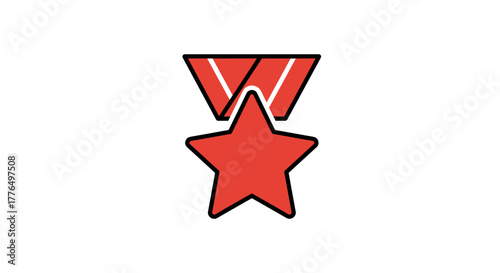 Red star medal icon with ribbon in flat style
