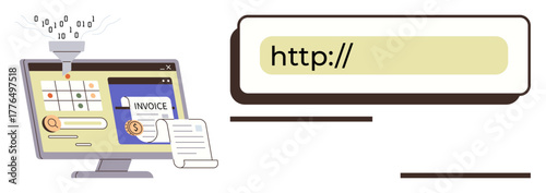 Computer screen showing invoice generation, data funnel transforming codes, and a web browser URL bar. Ideal for billing, e-commerce, automation, technology, finance data management education. A