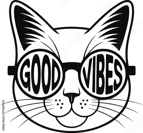 Cool cat wearing sunglasses with good vibes quote design vector