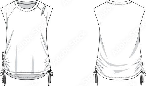 Women's sleeveless top fashion sketch, technical flat drawing, round neck, cap sleeve, ruched sides, drawstring hem, apparel design illustration