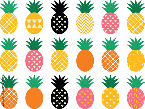 Colorful Pineapples with Various Patterns and Designs Illustration Background Pattern