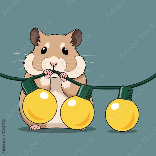 An endearing little hamster with soft fur curiously plays with a glowing string of yellow festive light bulbs, creating a charming and whimsical moment