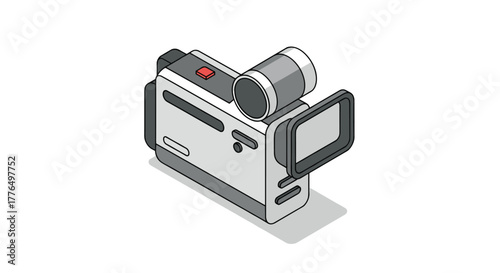 Isometric retro camcorder with open display and red button on white background