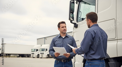 Man truck driver with document standing in front of semi-trailer truck and talking with worker near warehouse, storage. Logistics and transportation industry concept for freight delivery