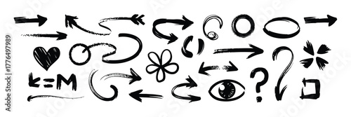 Collection of handdrawn black arrows, symbols, and shapes isolated on a white background