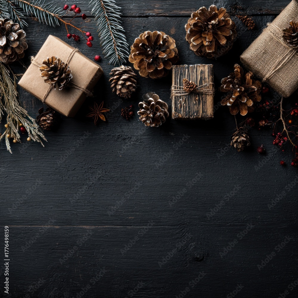 Fototapeta premium Rustic Christmas Gifts and Pine Cones on Dark Wood.
