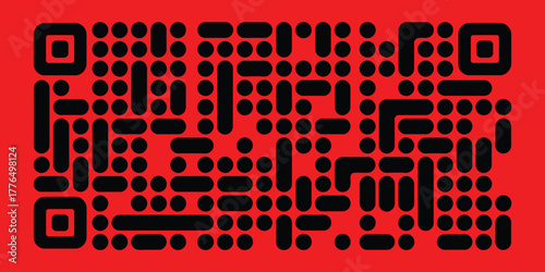 A black qr code pattern on a bright red background, representing digital information and connectivity