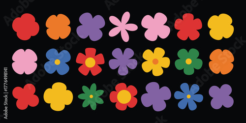 A vibrant collection of colorful, retrostyle flowers arranged in rows against a black background