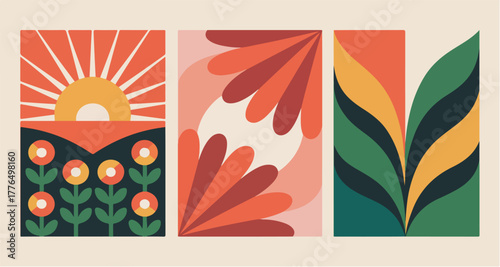 Abstract Botanical Art Prints with Sun, Flowers, and Foliage | Retro Style Geometric Nature Illustrations for Home Decor, Wall Art, and Creative Projects