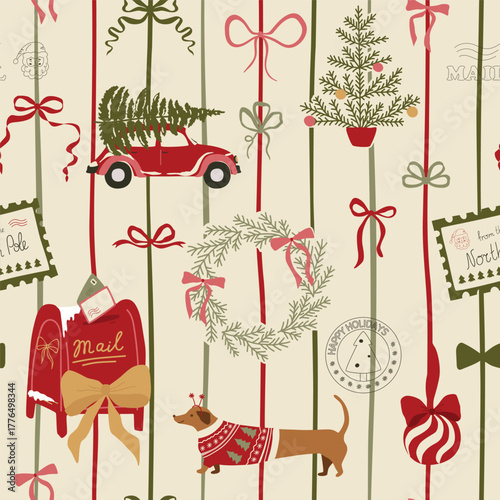 Vintage Christmas bows striped seamless pattern. Vector hand drawn mail, stamp, letters, mailbox retro winter holiday print. Cozy Xmas wallpaper, wrap paper, textile design, New Year repeat background