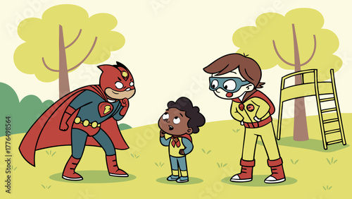 Superhero children protecting a smaller child from bullies in a park, promoting courage and kindness