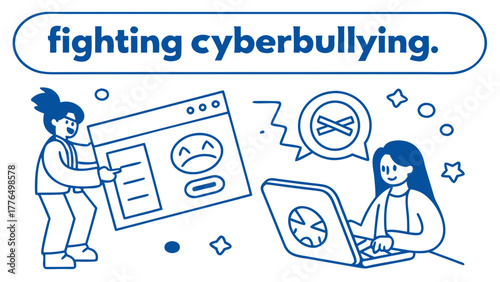 Two girls taking action against cyberbullying by removing harmful content and promoting online safety