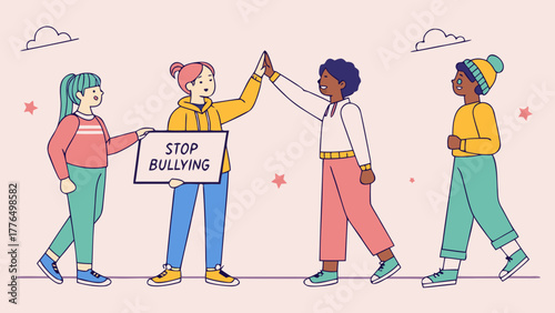 Group of diverse teenagers promoting anti-bullying with a stop bullying sign and supportive gestures