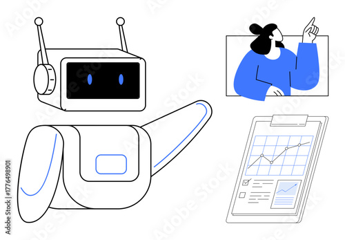 Robot assessing clipboard chart while woman points at display for teamwork. Ideal for technology, AI, analytics, collaboration, education, problem-solving, and innovation. Simple flat metaphor