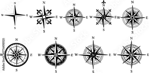 Retro old nautical navigation rose wind compass. Vintage rose wind marine navigation measure compasses vector illustration symbols set. Antique navigation skipper compasses
