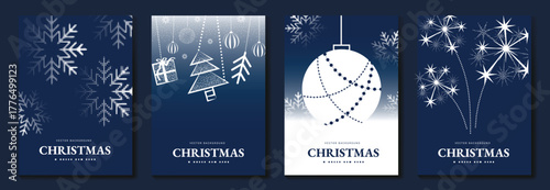 Happy New Year and Merry Christmas poster vector set. Navy and silver snowflakes in elegant winter pattern composition. Suitable for greeting cards, posters and digital media.