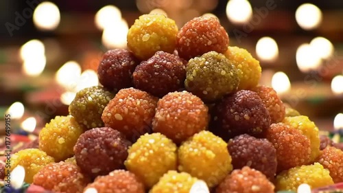 Colorful Indian sweets stacked for celebration.