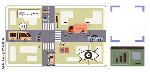 Smart city intersection with AI monitoring, autonomous vehicles, traffic signals, speed tracking, wireless connectivity, surveillance, and data analytics. Ideal for AI, technology urban planning