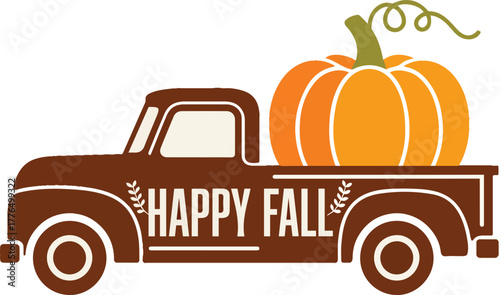 Happy Fall Vintage Truck with Pumpkin Vector Illustration Design