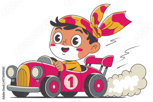 Baby girl cartoon character riding small toy car with determined look isolated on white background vector illustration