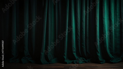 Dramatic Emerald Green and Black Theater Curtain, Cinematic Mood V5