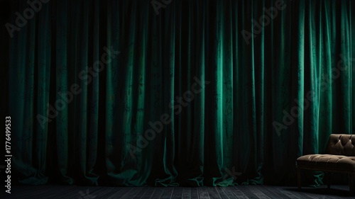 Dramatic Emerald Green and Black Theater Curtain, Cinematic Mood V7