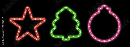 LED strip light frame set. Christmas element star, pine tree, ornament decorative ring tape lamp sign. Glowing LED neon flex colorful border for marketing promotions, cards, invitations, banners, tags